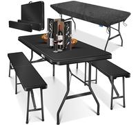 KESSER® Set di 3 tende da birra, tavolo e 2 panchine, tavolo da buffet per interni ed esterni, pieghevole, 183 x 76 x 74 cm, in plastica, effetto rattan, con copertura e manici