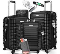 KESSER Set di 3 valigie rigide per trolley da viaggio, valigia da viaggio, valigia a rotelle, 4 ruote, in ABS, manico telescopico con bilancia e 3 ciondoli M-L-XL, Nero, Medium, Large, Extra Large