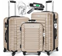 KESSER Set di 3 valigie rigide per trolley da viaggio, valigia da viaggio, valigia a rotelle, 4 ruote, in ABS, manico telescopico con bilancia e 3 ciondoli M-L-XL, champagner, 50.0 x 32.0 x 75.0 cm