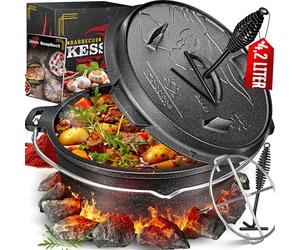 KESSER® Set forno olandese, Casseruola per barbecue, pentola in ghisa con manico per sollevare il coperchio e fessura per termometro, per barbecue, pentola per gulasch, uso esterno e interno