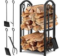 KESSER® Set Scaffale per camino 5 pezzi, scaffale a 2 piani per legna da ardere, uso in interni ed esterni, in metallo, con 4 utensili per il camino e il forno, acciaio 40 x 30 x 74,5cm