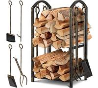 KESSER® Set Scaffale per camino 5 pezzi, scaffale a 2 piani per legna da ardere, uso in interni ed esterni, in metallo, con 4 utensili per il camino e il forno, acciaio 40 x 30 x 74,5cm