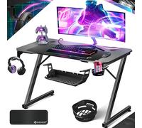 KESSER Tavolo da gioco, 120 cm x 60 cm, a forma di Z, gancio per cuffie e rivestimento in carbone, tavolo ergonomico per computer, tavolo stabile con porta bevande, colore nero