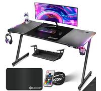KESSER® Tavolo da gioco a LED, 160 cm x 60 cm, a forma di Z, gancio per cuffie e rivestimento in carbone, tavolo ergonomico per computer, tavolo stabile con porta bevande, colore nero