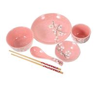 KESYOO Set di stoviglie in ceramica giapponese da 6 pezzi, ciotole in porcellana per Ramen e Sushi, stoviglie asiatiche per la casa, rosa con piatto, tazza, cucchiaio e bacchette.