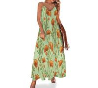 KETAFOUND Abito Estivo Donna da Spiaggia Stile Pastorale Boemo Vestiti da Spiaggia Scollo a V Senza Maniche Giardino dei Papaveri Abito Lungo Maxi da Spiaggia Casual per Le Vacanze