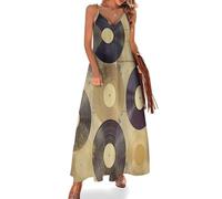 KETAFOUND Abito Estivo Donna Scollo a V Vinyl Records Maxi Abito da Spiaggia Stile retrò Effetto Invecchiato Vestito Lungo Senza Maniche Abito di Linea A Elegante per Vacanze Spiaggia