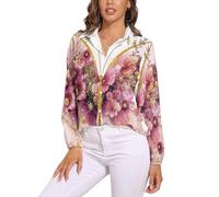 KETAFOUND Camicetta Donna Camicie A Maniche Lunghe con Scollo A V Abbottonata Farfalla Acquerello vestibilità Larga, Piante da Fiore, Adatto per La Primavera E L'Autunnorosa