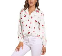 KETAFOUND Camicetta Donna Piccola Ciliegia Camicia A Maniche Lunghe Blusa Ampia Leggera con Scollo A V Casual Top, Stile Minimalista Adatto per L'Uso Quotidiano in Primavera, Autunno Inverno - Bianco