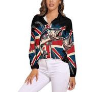 KETAFOUND Camicia Donna, Bandiera Britannica Scollo A V Camicia con Maniche Lunga E Colletto A Revers in Nero Leggera Comoda per L'Estate Camicetta da Donna alla Persico Trota Camicetta Spiaggia