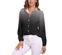 KETAFOUND Camicia Donna, Design Sfumato Scollo A V Camicia con Maniche Lunga E Colletto A Revers in Grigio Leggera Comoda per L'Estate Camicetta da Donna alla Stile Minimalista Camicetta Spiaggia