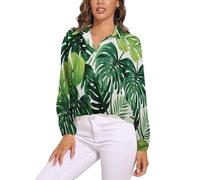 KETAFOUND Camicia Donna, Foglie Monstera Scollo A V Camicia con Maniche Lunga E Colletto A Revers in Verde Leggera Comoda per L'Estate Camicetta da Donna alla Stile Tropicale Camicetta Spiaggia
