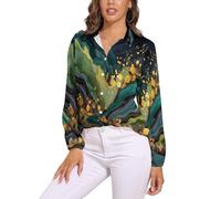 KETAFOUND Camicia Donna, Trama Marmo Scollo A V Camicia con Maniche Lunga E Colletto A Revers in Verde Leggera Comoda per L'Estate Camicetta da Donna alla Elegante Raffinato Camicetta Spiaggia