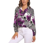 KETAFOUND Camicia Donna, Tulipani Viola Scollo A V Camicia con Maniche Lunga E Colletto A Revers in Grigio Leggera Comoda per L'Estate Camicetta da Donna alla Fiore del Teschio Camicetta Spiaggia