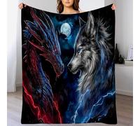 KETAFOUND Coperta Di Flanella, Morbido Durevole E Stampa Drago E Lupo 3D Peluche Matrimoniale Coperte Copriletti Per Letto Divano, Adulti (Animali Fantastici Selvaggi, 200 X 230 Cm) Blu-Grigio