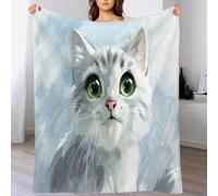 KETAFOUND Coperta Di Flanella, Morbido Durevole E Stampa Gatto Dagli Occhi Verdi 3D Peluche Coperte Copriletti Per Letto Divano, Adulti (Stile Cartone Animato Carino, 70 X 100 Cm) Bianco-Grigio