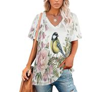 KETAFOUND Maglietta a Maniche Corta da Donna Uccelli Appollaiati tra I Fiori Top Oversize con Scollo a V Realismo Ad Acquerello Basic Casual da Spiaggia Morbido Traspirante Maglia Estive