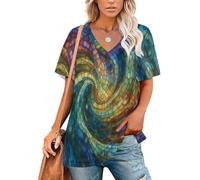 KETAFOUND Maglietta a Maniche Corta da Donna Vortice di Schegge di Vetro Top Oversize con Scollo a V Mosaico in Vetrata Artistica Basic Casual da Spiaggia Morbido Traspirante Maglia Estive