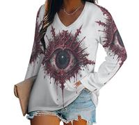 KETAFOUND Maglietta A Maniche Lunghe da Donna Scollo A V Top Oversize Maglietta A Maniche Lunghe Casual Arte Gotica Oscura Magliettas Lunga con Modello Occhi Rossi