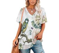 KETAFOUND Maglietta Oversize da Donna Fiori E Uccelli nella Foresta Maglia Manica Corta Scollo a V Stile Acquerello Maglietta Estiva Ampia Informale e Casual, Adatta Come Capo Basic per l’Estate