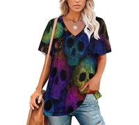 KETAFOUND Magliette da Donna Magliette Estive A Stampa 3D Un Teschio Psichedelico con Scollo A V Manica Corta T-Shirt Stile Gotico Oscuro Larghe, Top Estivo per Il Tempo Libero, da Spiaggia