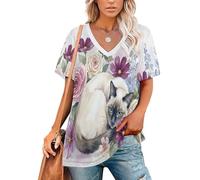 KETAFOUND Magliette Donna Estive Stile Acquerello T-Shirt Manica Corta Gatto Siamese Raggomitolato tra I Cespugli di Fiori Top Scollo a V Maglietta Casual Camicia Basic Traspirante Tunic, Bianco