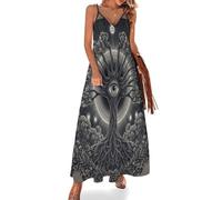 KETAFOUND Maxi Abito Estivo da Donna Tema Celeste Maxi Vestito Senza Maniche Simboli Tronco D'Albero Luna E Sole Vestito Lungo a Trapezio Elegante Spiaggia Gilet Abito per Le Vacanze e la Spiaggia