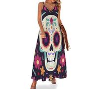 KETAFOUND Maxi Abito Estivo da Donna Teschio Floreale Abito da Spiaggia con Scollo a V Giorno dei Morti Messicano Vestito Lungo con Spalline Sottili Regolabile per Casual Vacanza