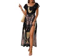 KETAFOUND Vestito Donna Estivo Abito Stile Boemo con Scollo a Quadrato e Maniche con Volant Misteriosa Farfalla Stella E Luna Abiti da Spiaggia Flowy Abito da Sera con Vita Impero e Spacco