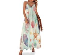 KETAFOUND Vestito Lungo Donna Estivo Conchiglie, Stelle Marine E Cavallucci Marini Vestito da Spiaggia Senza Maniche Vita Marina da Sogno Abito Maxi con Collo a V per Le Vacanze e la Spiaggia