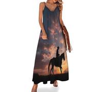 KETAFOUND Vestito Lungo Estivo Donna Paesaggio di Un Ranch del West Abito con Scollo a V Vestito da Mare Senza Maniche Silhouette di Un Cavaliere Cowboy Vestiti con Spalline Sottili Elegante S-5XL