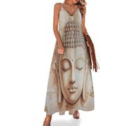 KETAFOUND Vestito Lungo Estivo Donna Stile Zen Orientale Abito con Scollo a V Vestito da Mare Senza Maniche Statua di Buddha Loto Vestiti con Spalline Sottili Elegante S-5XL