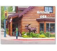 Ketchum USA - Downtown Ketchum Idaho Street Corner con negozio di tronchi e scultura di alce vicino a Sun Valley, ultima casa e luogo di sepoltura di Ernest Hemingway.jpg, magnete da frigorifero