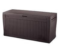 Keter Comfy - Contenitore portaoggetti da esterni, in resina e plastica, effetto legno, per tutte le stagioni, colore: marrone