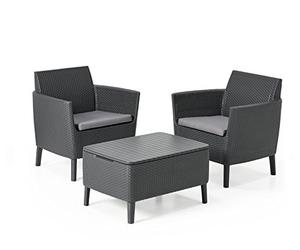 Keter Salemo Balcony Set, Set Mobili da Giardino in Rattan con 2 Poltrone e Tavolino Porta Cuscini, Grafite