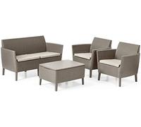 Keter Salemo Lounge Set, Set Mobili Da Giardino In Rattan Con Divano 2 Posti 2 Poltrone E Tavolino Porta Cuscini, Cappuccino