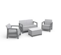 Keter Salottino da Giardino Scandi Linea, Finitura Effetto Iuta, Dotato di Due Poltrone, Divano e Tavolino Contenitore, Cuscini Inclusi, Grigio