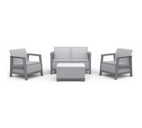 Keter Salottino da Giardino Scandi Linea, Finitura Effetto Iuta, Dotato di Due Poltrone, Divano e Tavolino Contenitore, Cuscini Inclusi, Grigio