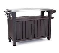 Keter Unity XL - Tavolo da esterno portatile con ganci per accessori da barbecue, piano in acciaio inox, per terrazzo, isola da cucina o carrello da bar, colore: marrone