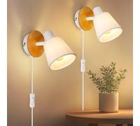 Ketom Applique da Parete Interno E14, Lampada da Parete Vintage in Legno | 2 Pezzi Faretto da Parete Orientabile, Applique Tessuto Bianco, Lampada da Muro con Interruttore e Spina, Senza Lampadina