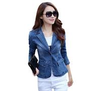 keusyoi Autunno Denim Blazer Donna Manica Lunga Pulsante Singolo Breve Jeans Giacca Donna Slim Cappotto Capispalla, Blu, S