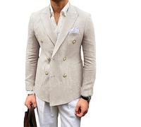 keusyoi Blazer in Lino da Spiaggia Estivo Giacca Casual Doppiopetto Glod Giacca da Uomo Slim Fit Giacca da Cappotto Sociale da Uomo