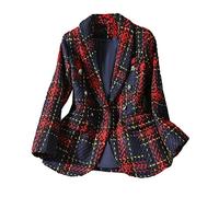 keusyoi Giacca invernale sottile donna moda scozzese rosso cappotto donna casual monopetto, Rosso, L