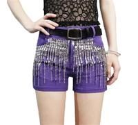 keusyoi Pantaloncini da donna in denim nero con paillettes nappe Streetwear a vita alta slim fit jeans casual alla moda, Viola, S