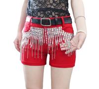 keusyoi Pantaloncini da donna in denim nero con paillettes nappe Streetwear a vita alta slim fit jeans casual alla moda, Rosso, XS