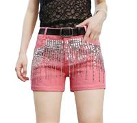 keusyoi Pantaloncini da donna in denim nero con paillettes nappe Streetwear a vita alta slim fit jeans casual alla moda, Pnnrk, L