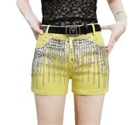 keusyoi Pantaloncini da donna in denim nero con paillettes nappe Streetwear a vita alta slim fit jeans casual alla moda, Giallo, L