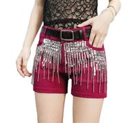 keusyoi Pantaloncini da donna in denim nero con paillettes nappe Streetwear a vita alta slim fit jeans casual alla moda, 4, M