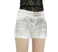 keusyoi Pantaloncini da donna in denim nero con paillettes nappe Streetwear a vita alta slim fit jeans casual alla moda, 2, XS