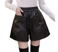 keusyoi Pantaloncini da donna in pelle invernali taglie forti a vita alta A-Line gamba larga pantaloncini casual alla moda, Nero , XL